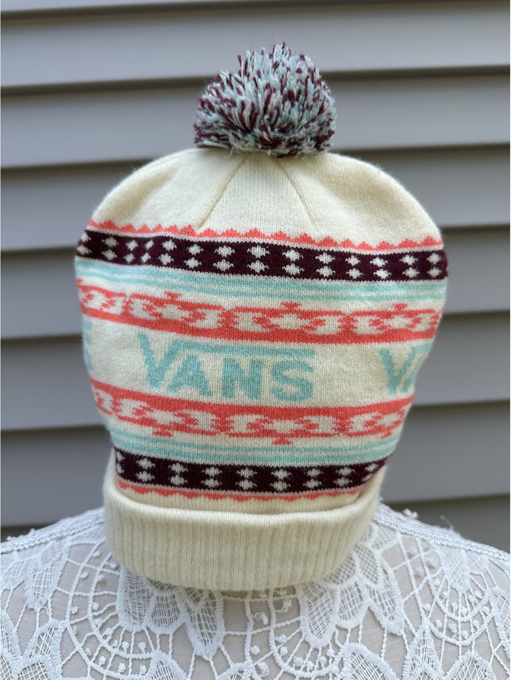 VANS Beanie Cream Burgundy Coral Light Blue Pom Pom Y2K Streetwear